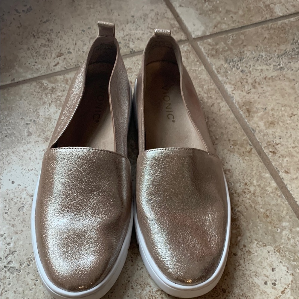 Vionic Gold Flats with Slip-On Design and Rounded Toe
